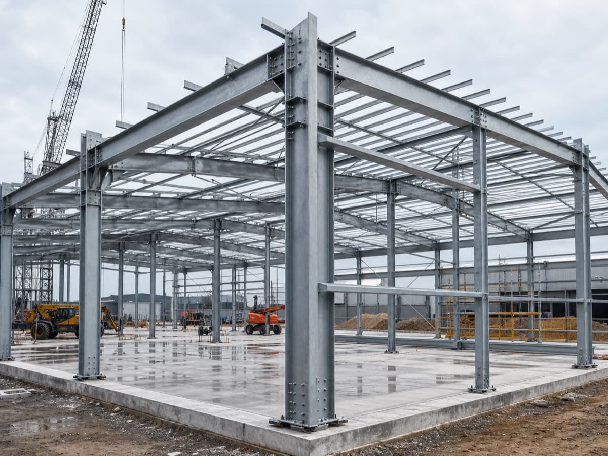 Galvanised steel frame of an industrial building under construction with primary columns and roof beams