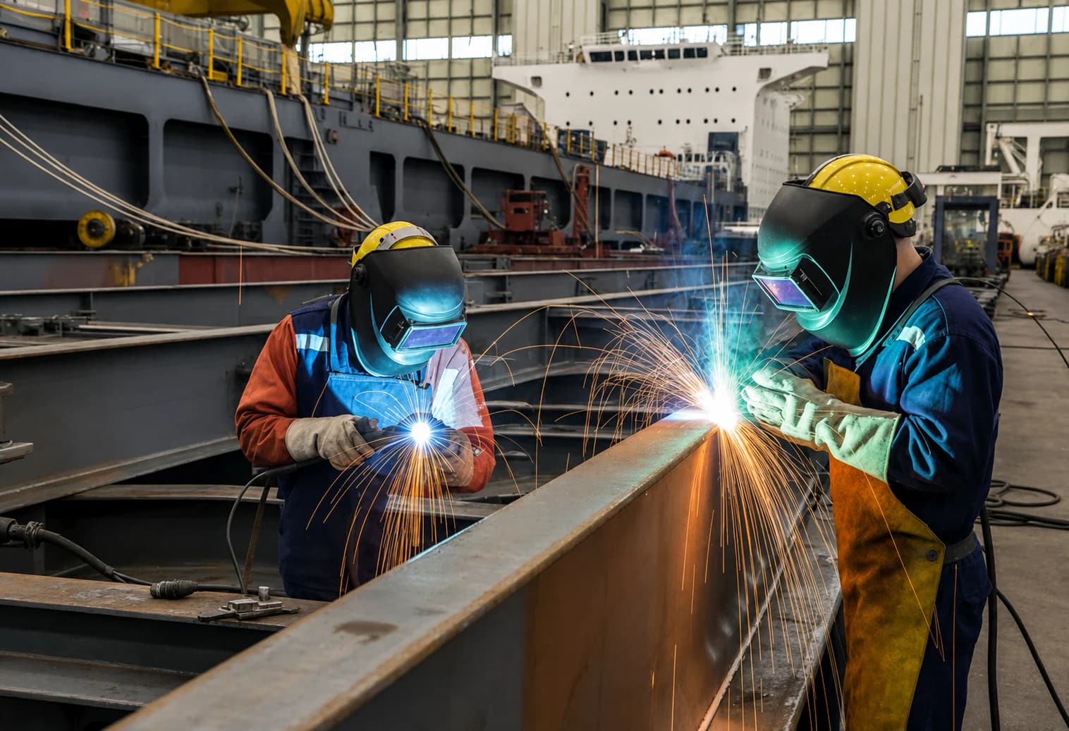 Two welders working on a large steel structure inside an industrial fabrication hall