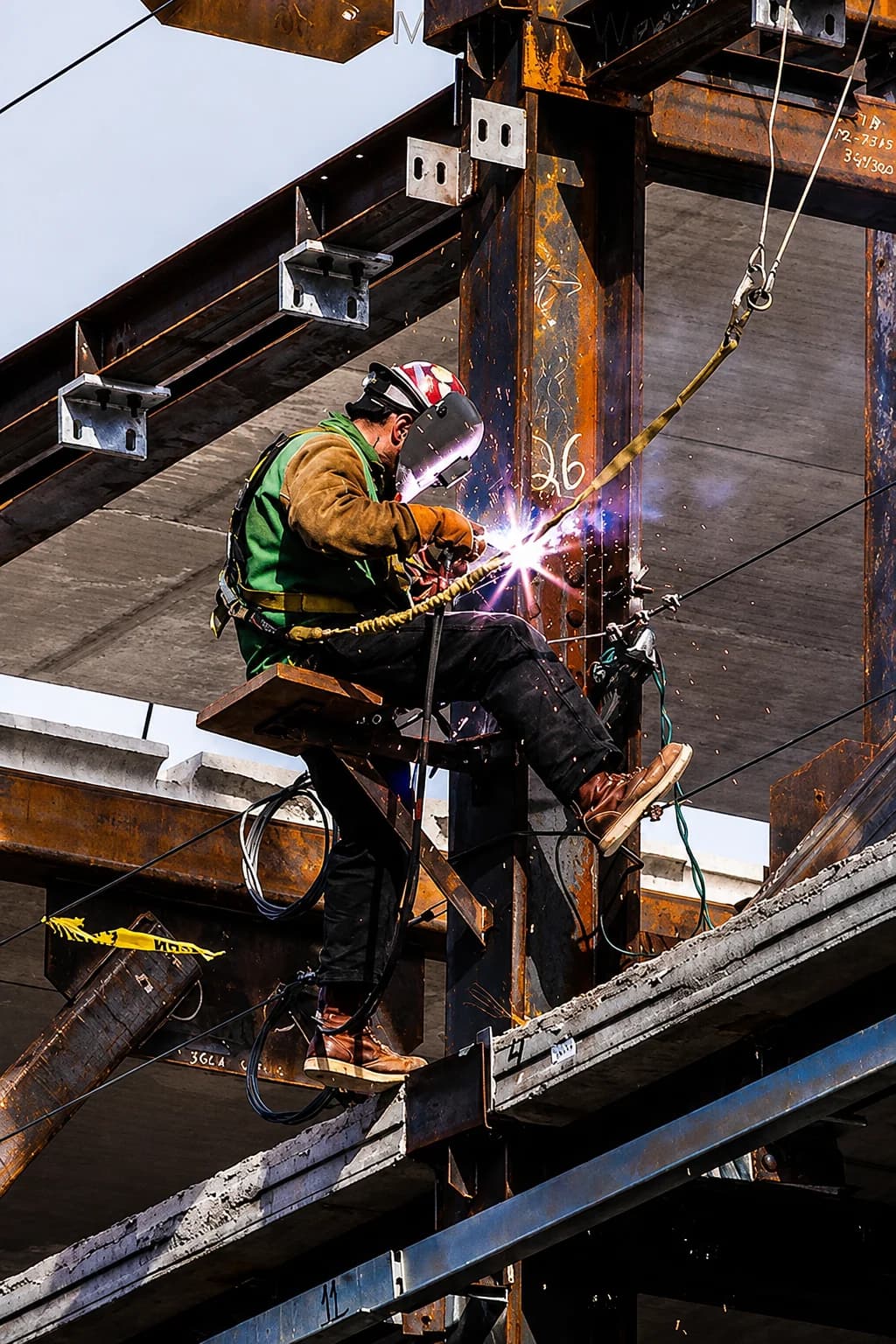 Welder working on a steel connection during fabrication