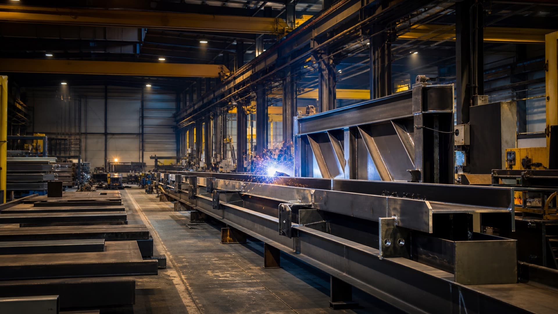 Industrial welding area with welded steel beams under construction and a welder at work