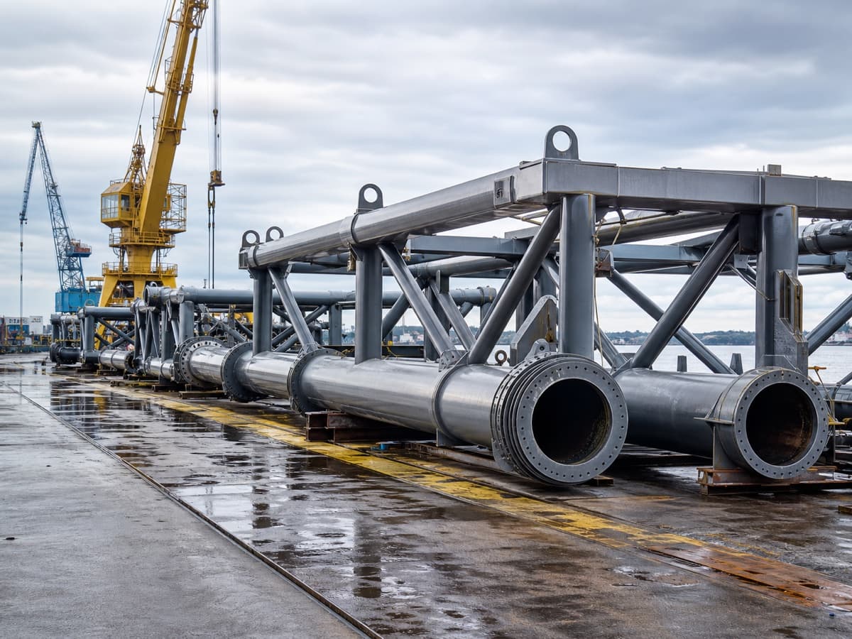Offshore tubular steel construction with flanged pipe ends at a fabrication yard