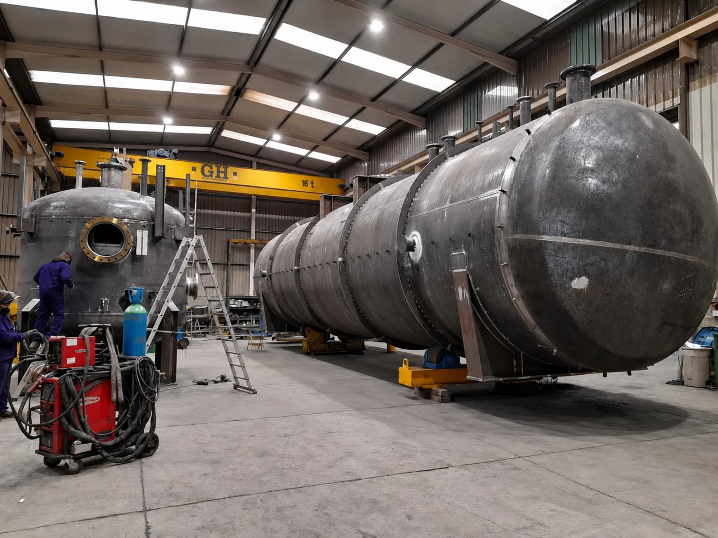 Horizontal welded steel storage tank prepared during fabrication