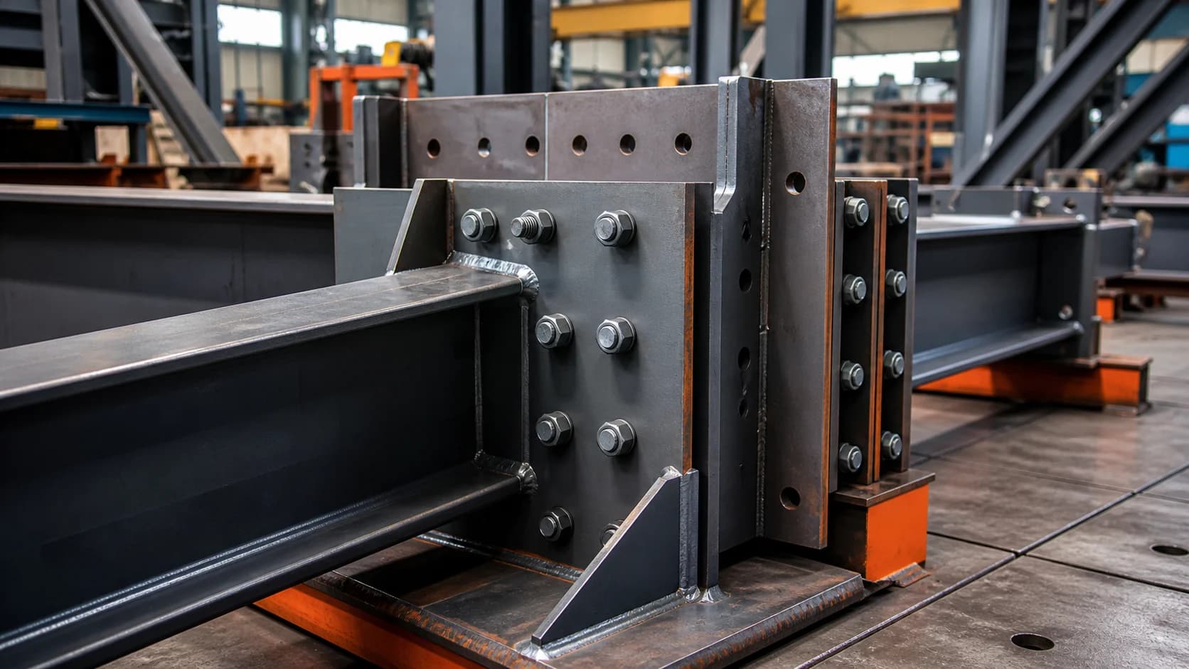 Steel assembly with welded plates and bolted connection details