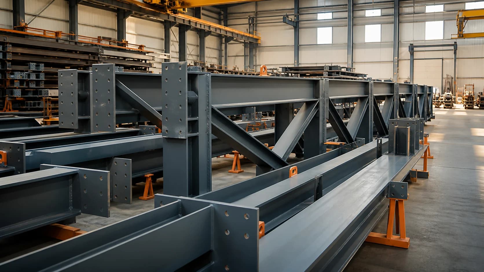 Building steel structure components for an industrial hall