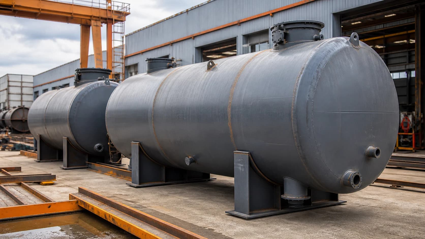 Horizontal steel storage tank with saddle supports and fittings