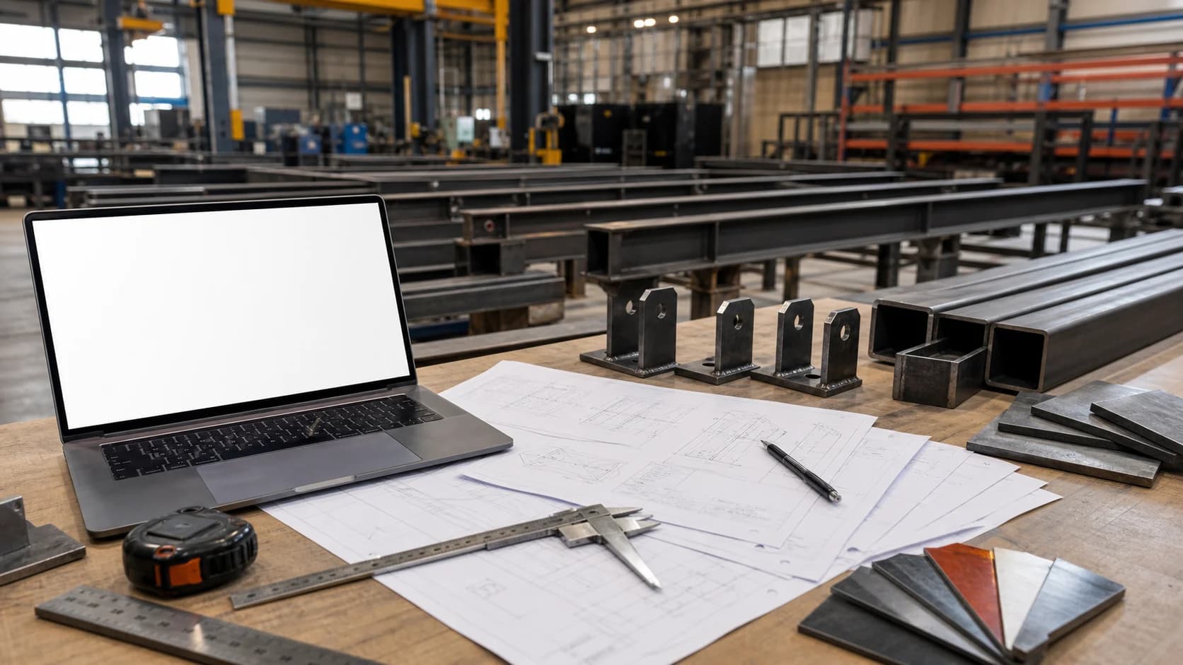 Steel fabrication hall with prepared welded structures