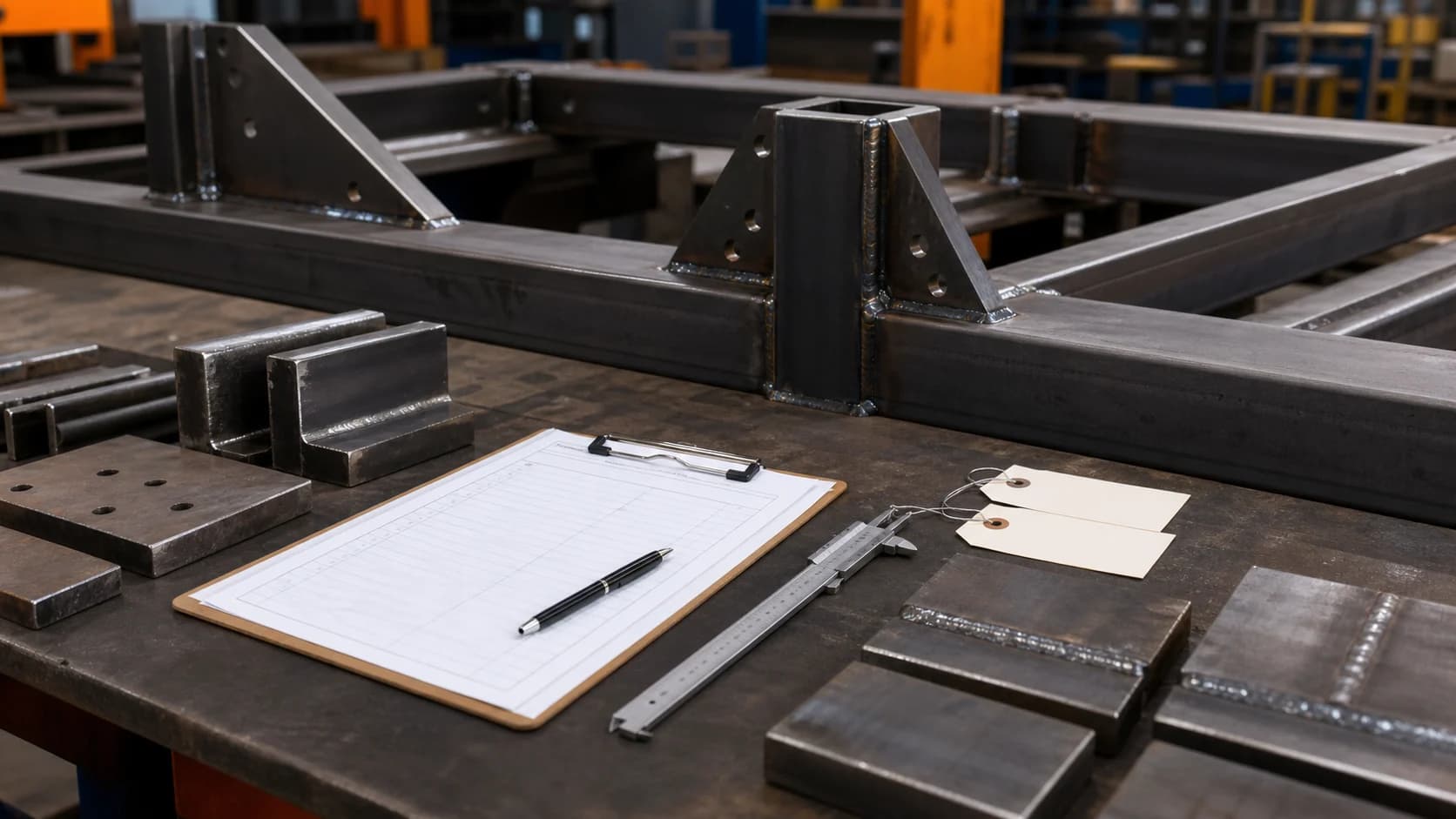 Quality documentation and fabricated steel components prepared for inspection