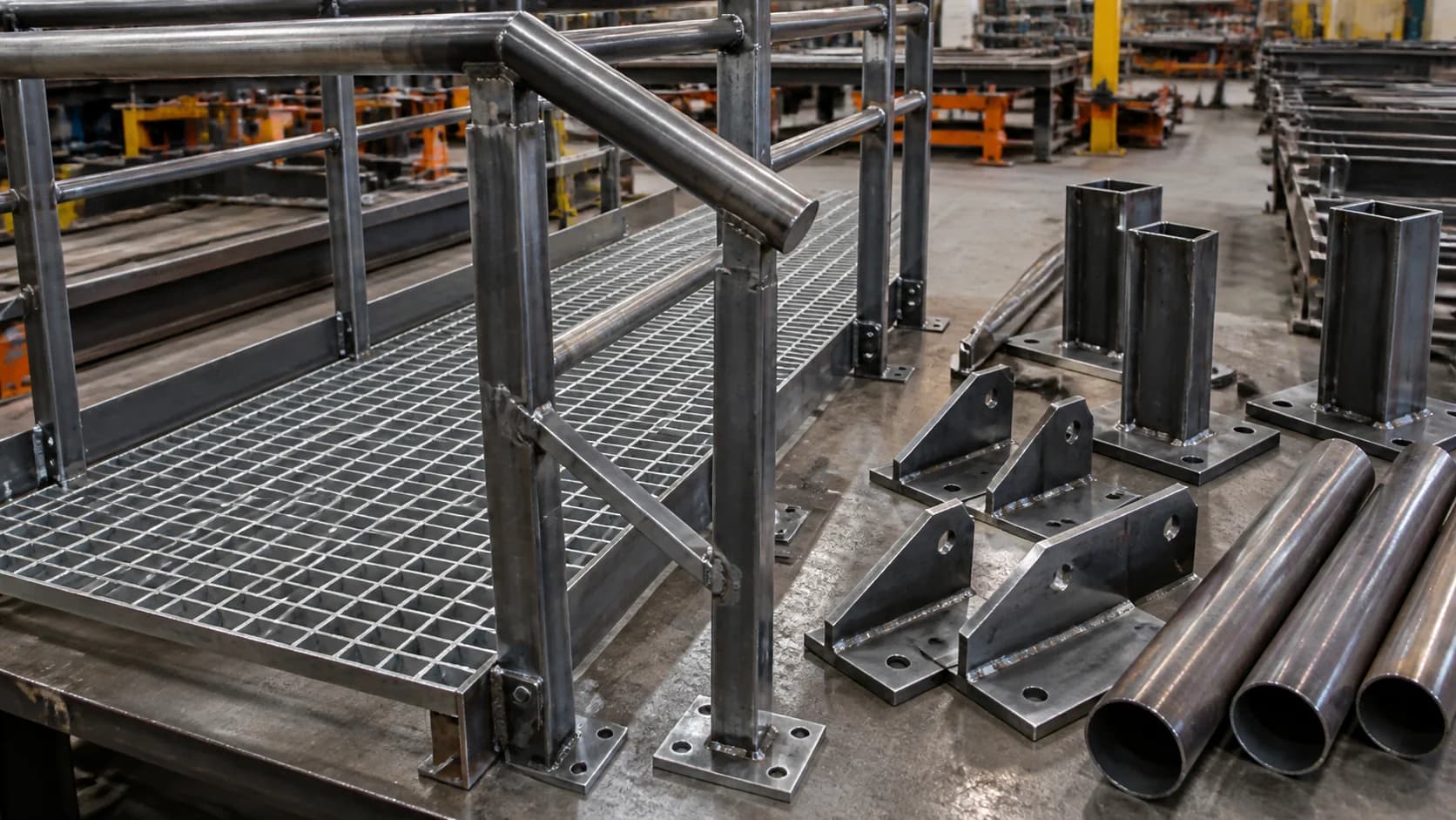 Walkway railing posts, handrails and access steelwork details