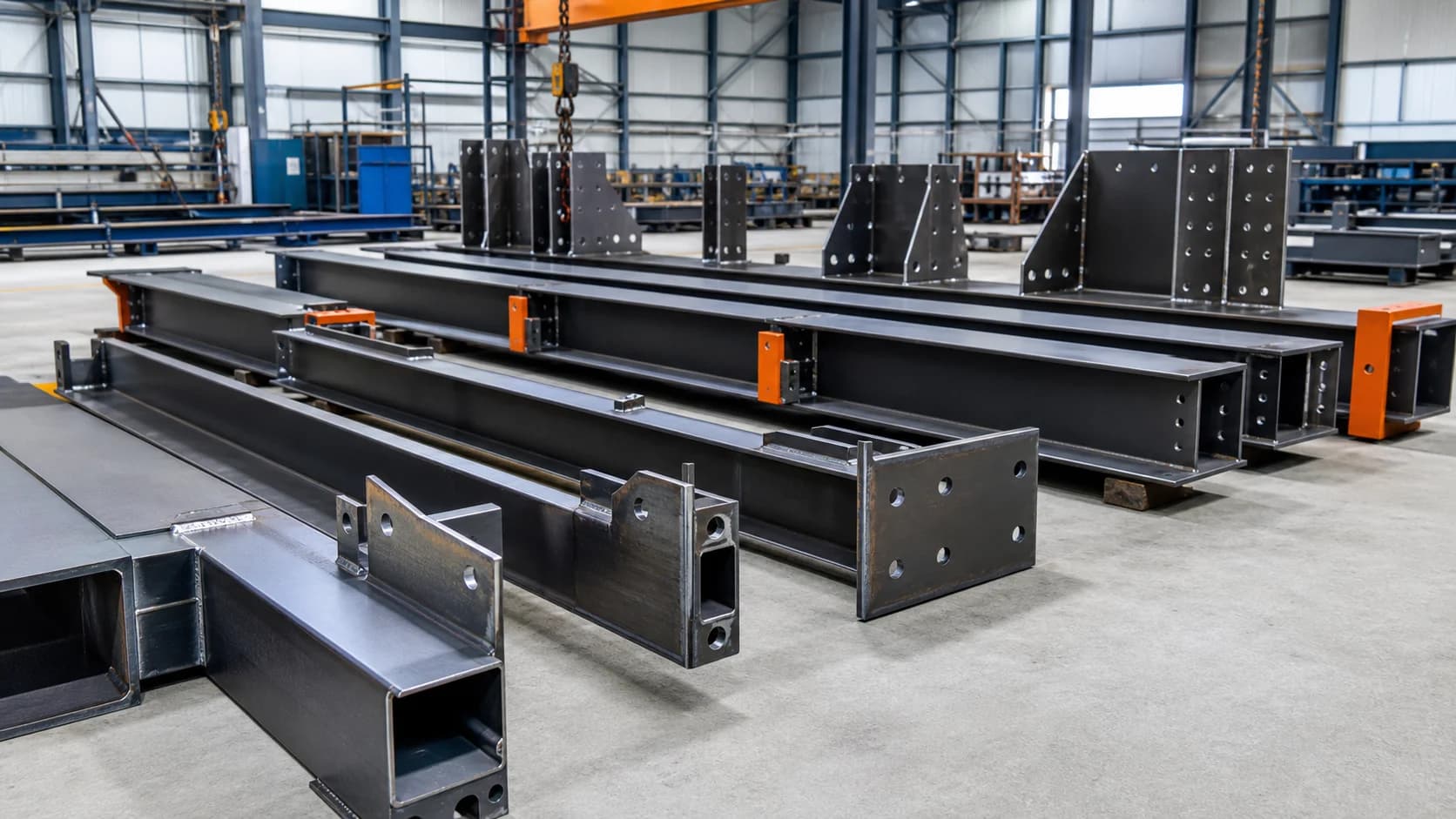 Painted welded steel beams and connection plates prepared at a fabrication yard