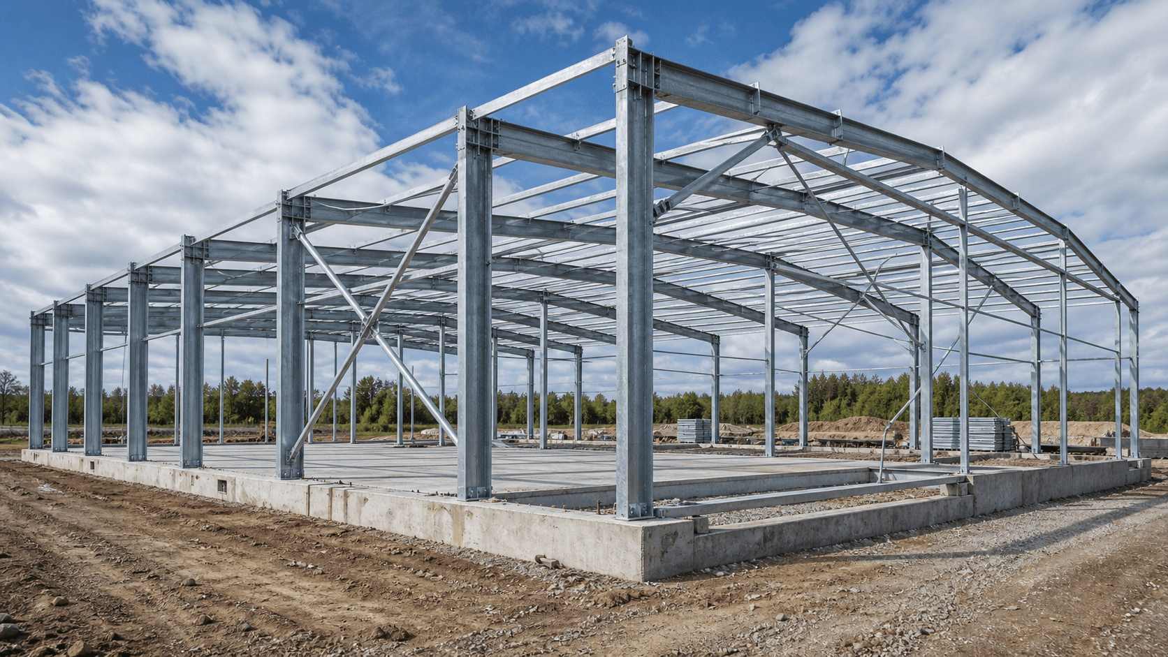 Building steel framework with columns, rafters and roof trusses