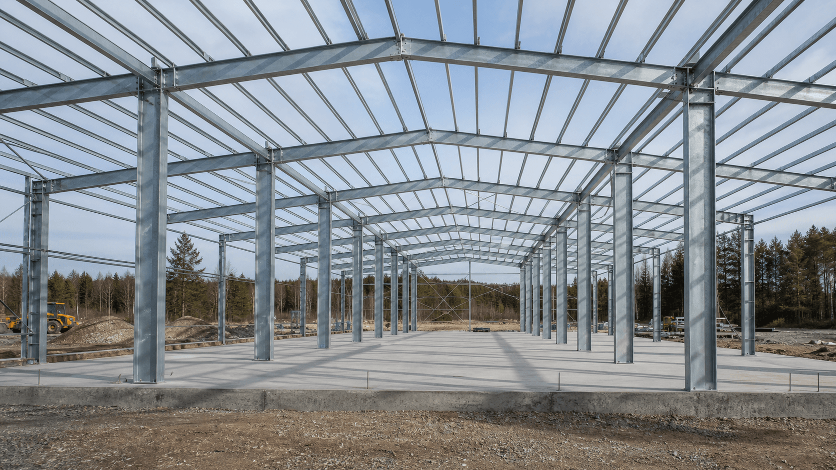 Steel hall framework with repeated frames, trusses and joint details