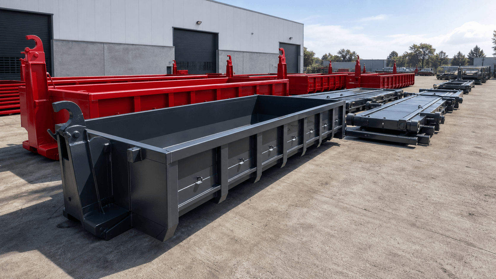 Newly fabricated hooklift containers lined up in the yard