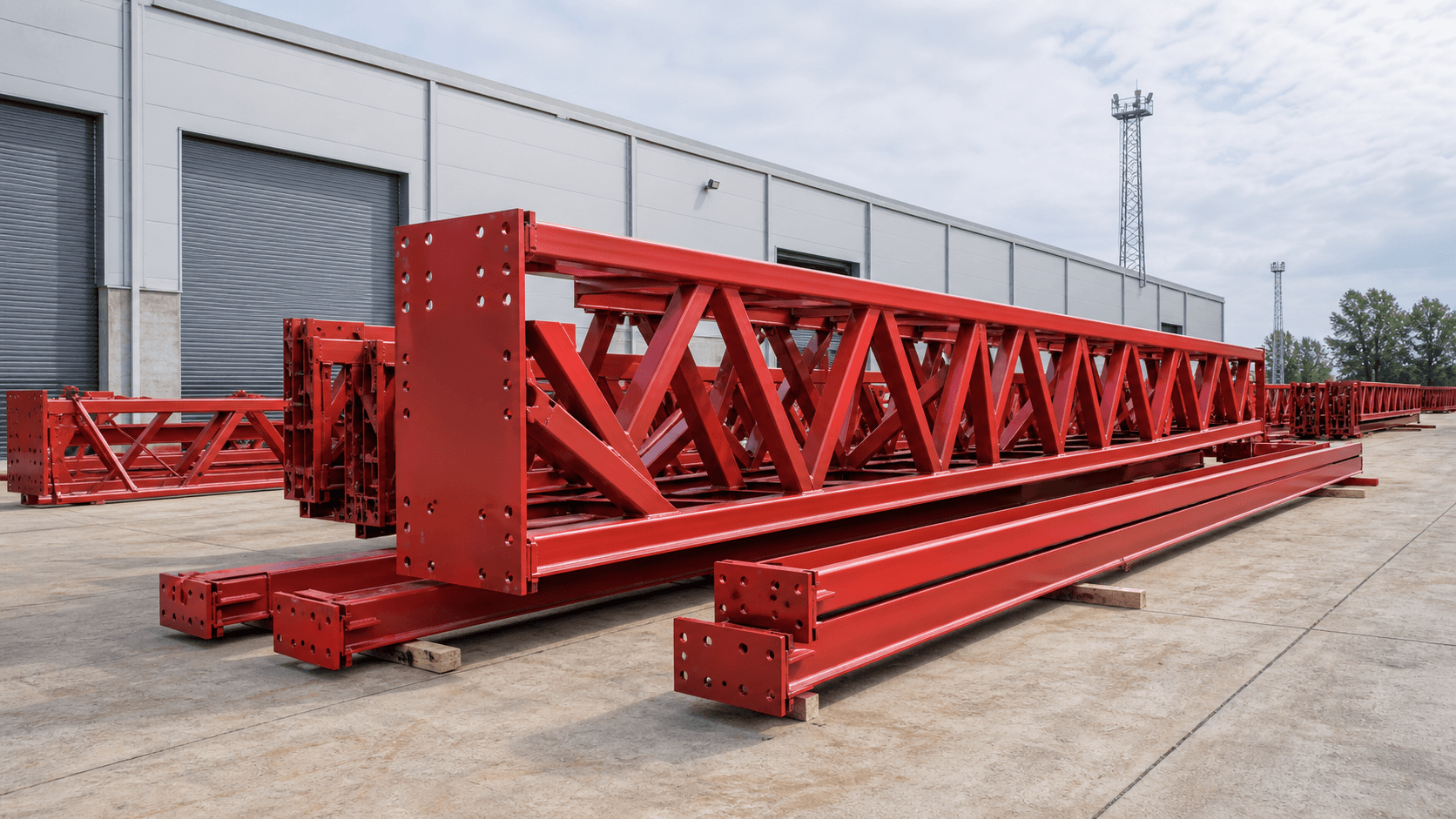 Red welded structural frames with connection plates and joints